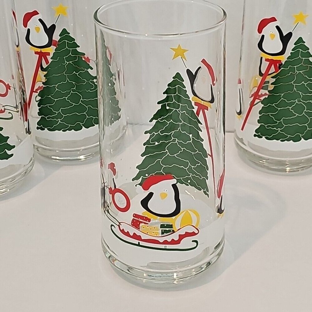 Christmas Tree & Penguins Glass Tumbler 6" holiday Santa hat 14oz set of 4 - Picture 7 of 10
